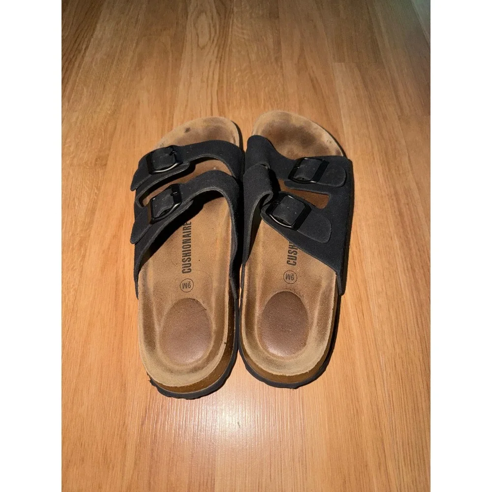 Cushionaire Lane Black Cork Footbed Sandals Double Strap Slide Womens 9M